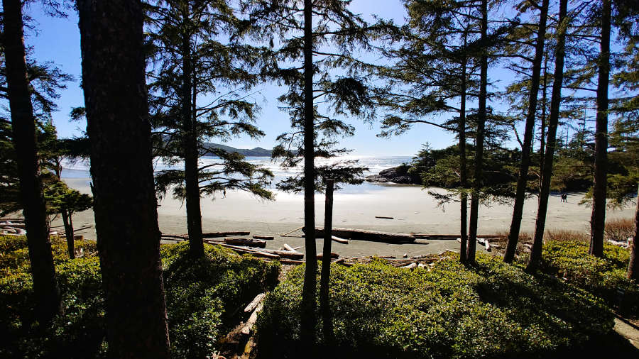 View of Cox Bay Beach from the beach house at Pacific Sands Beach Resort in Tofino, British Columbia.