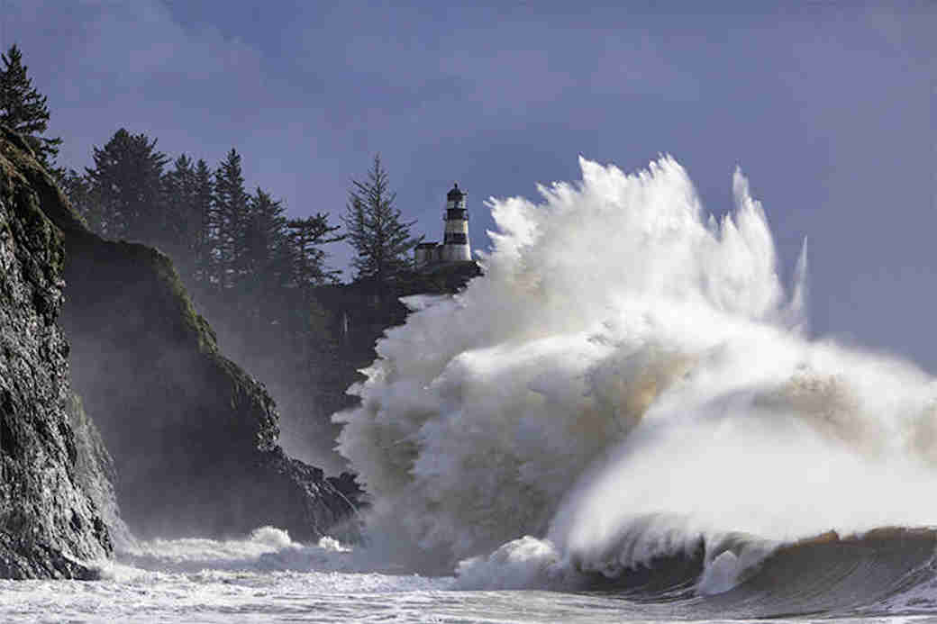 Storm waves crashing at Cape Disappointment in Washington State.
