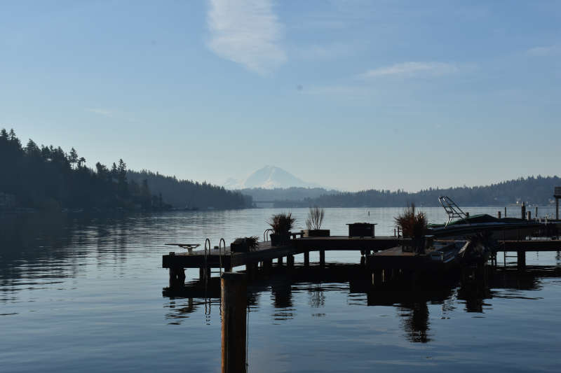 View of Mt. Rainier from the docks at the lakeside cabin near Seattle. 