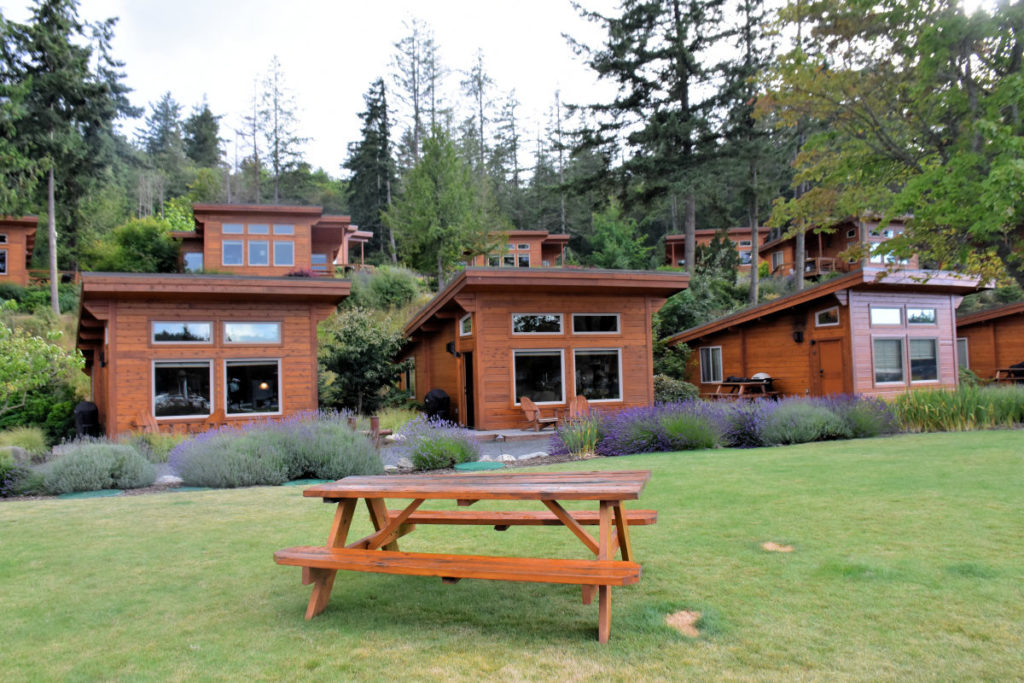 Waterfront cabins at Snug Harbor Resort on San Juan Island.