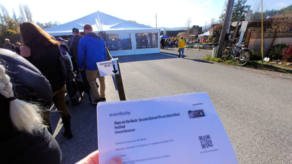 Standing in line at Hops on the Rock on Orcas Island. 