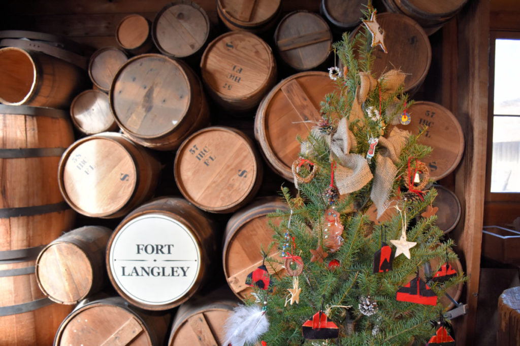 The cooperage at Fort Langley decorated with a Christmas tree. 