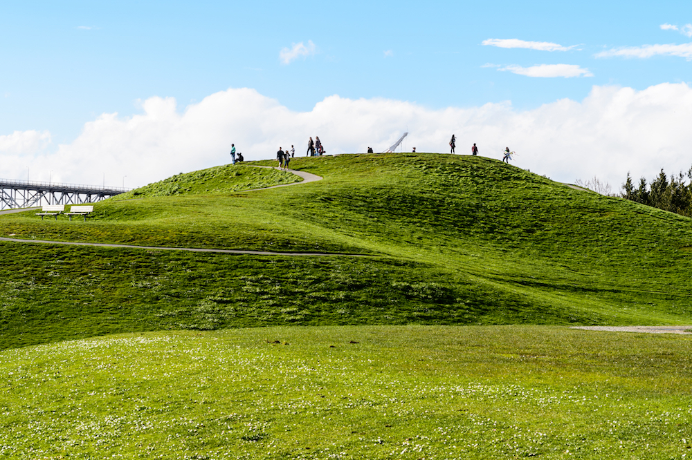 A hill in an urban park with a bridge and cranes in the background and people walking on a path on the grassy hill.