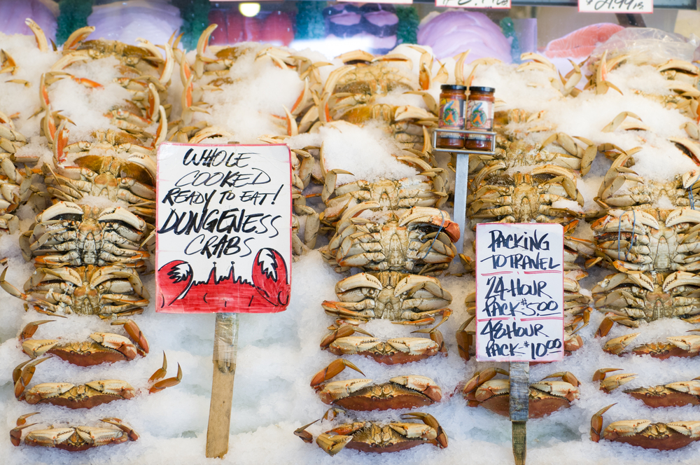 Dungeness crab for sale on ice in the famous Pike Place Fish Market