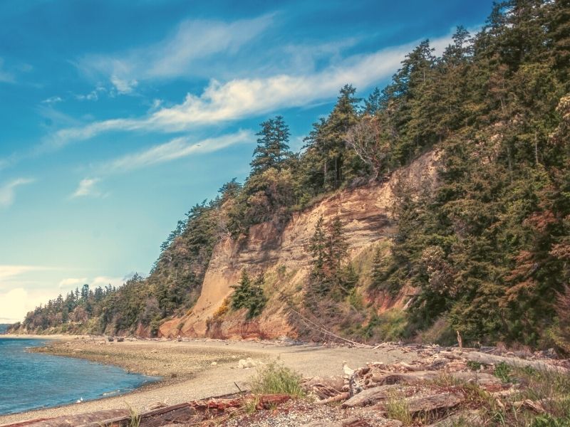 Close up of a cliffside on Camano Island with sandy beach and partly cloudy sky