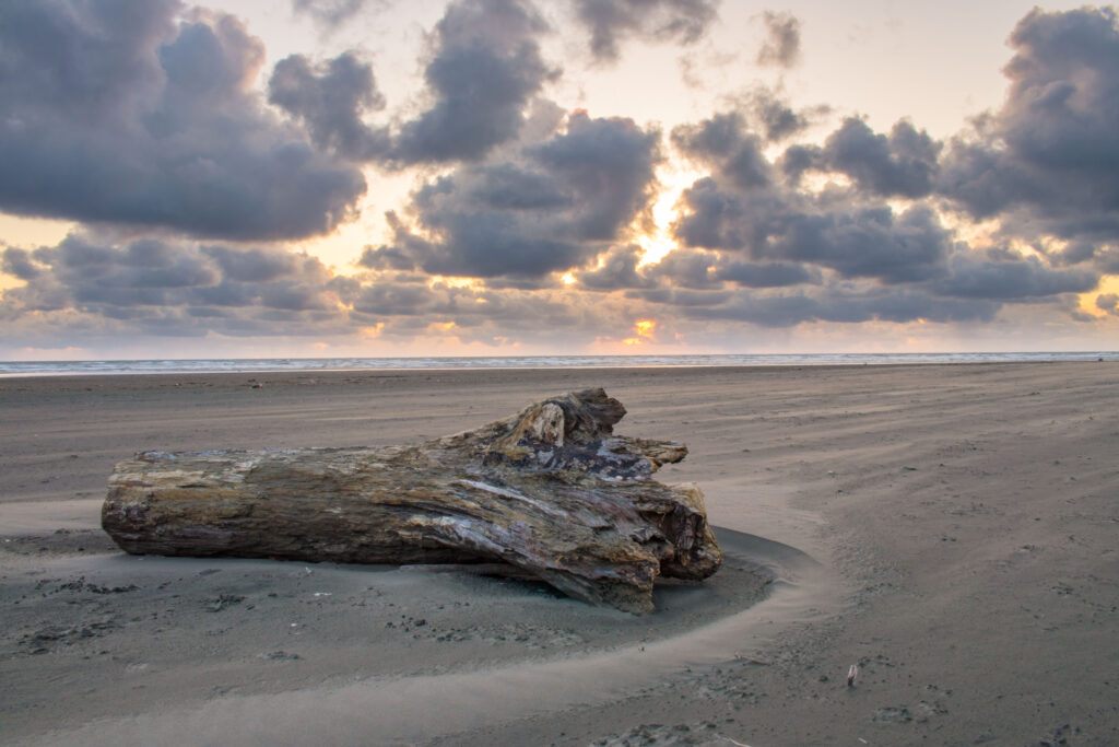 empty seabrook beach washington with a log on the sand in the foreground and a sunset beginning in the background