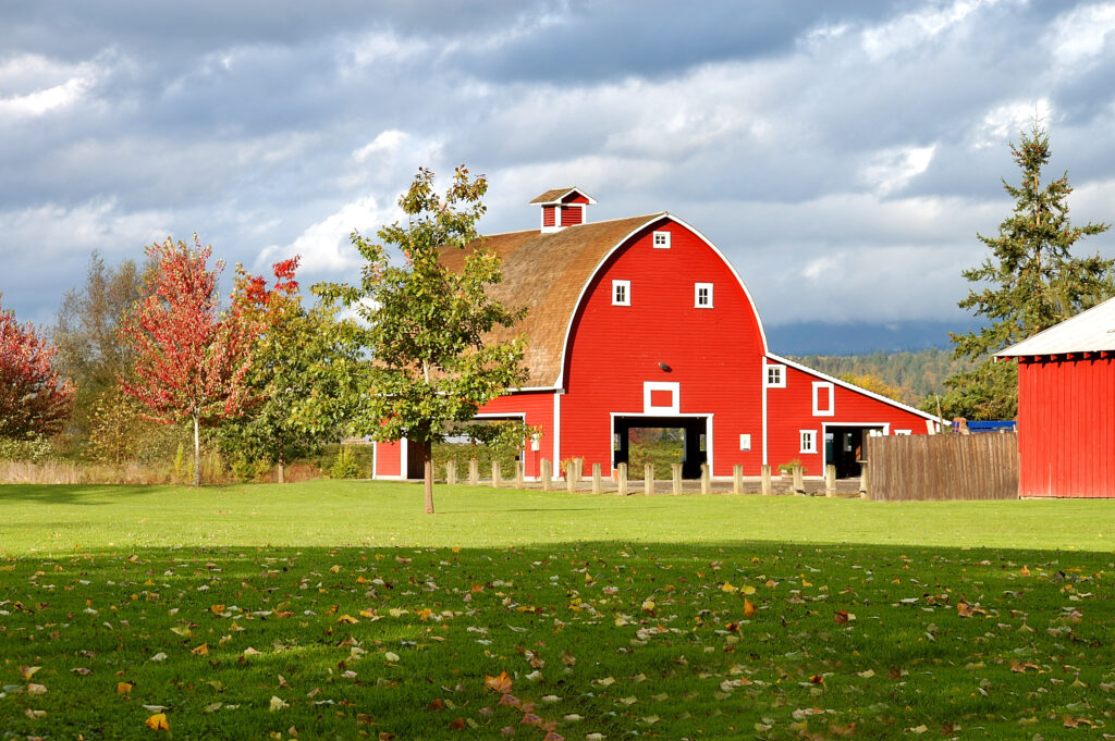 red barn on a grassy lawn in carnation, one of the best small towns in wa