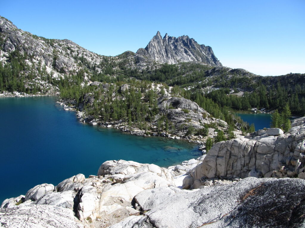 View of the Enchantments in Washington State with two lakes in a foreground