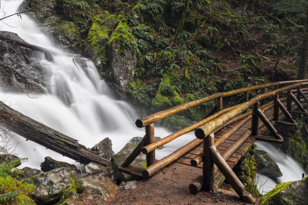 rodney falls in beacon rock state park with a small wooden footbridge to cross it on the right side of the photo