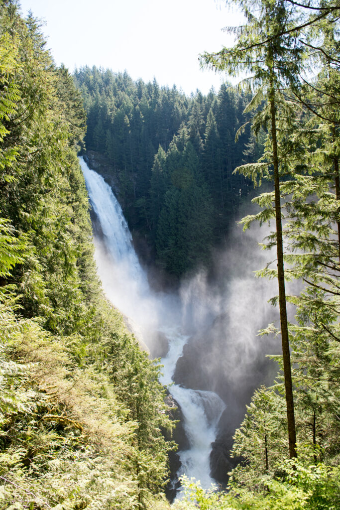 wallace falls as seen through the trees when hiking in washington state