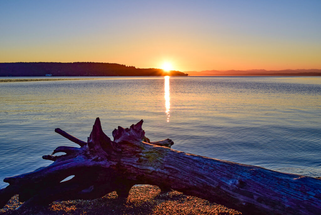 sunset over owen beach with a drift log in the foreground