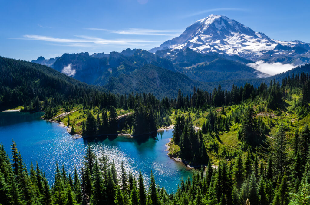 view of mount rainier and lake eunice from tolmie peak, one of the best hikes in washington state