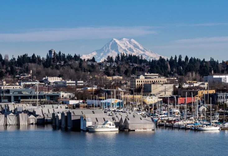 Marina full of sailboats in Olympia, Washington, with a snow-covered mountain peak in the center of the photo in the distance.