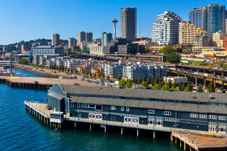 alaskan way pier from above on the seattle waterfront
