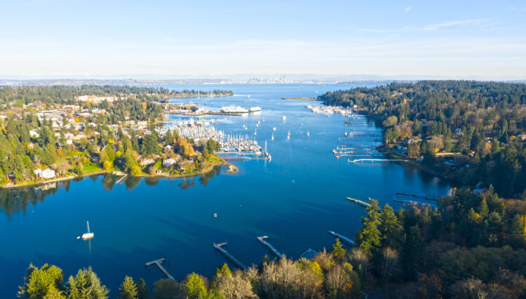 bainbridge harbor from above, the best way to get from seattle to bainbridge is by ferry here