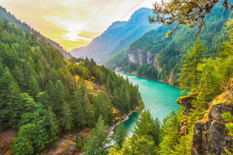 view of sunset over diablo lake, one of the best north cascades national park hikes