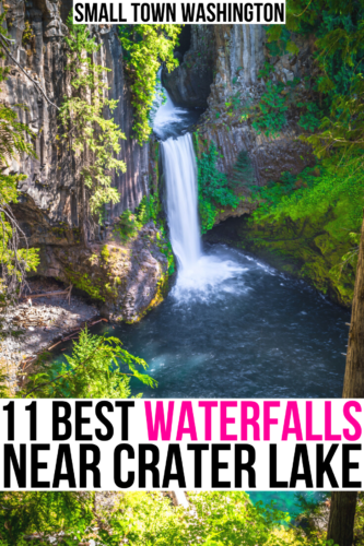 toketee falls from above, black and pink text on a white background reads "11 best waterfalls near crater lake"
