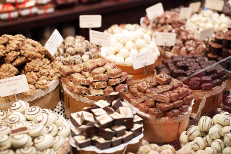 display of several kinds of candy at a chocolate shop