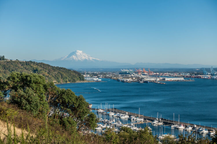 port of tacoma with mount rainier in the background