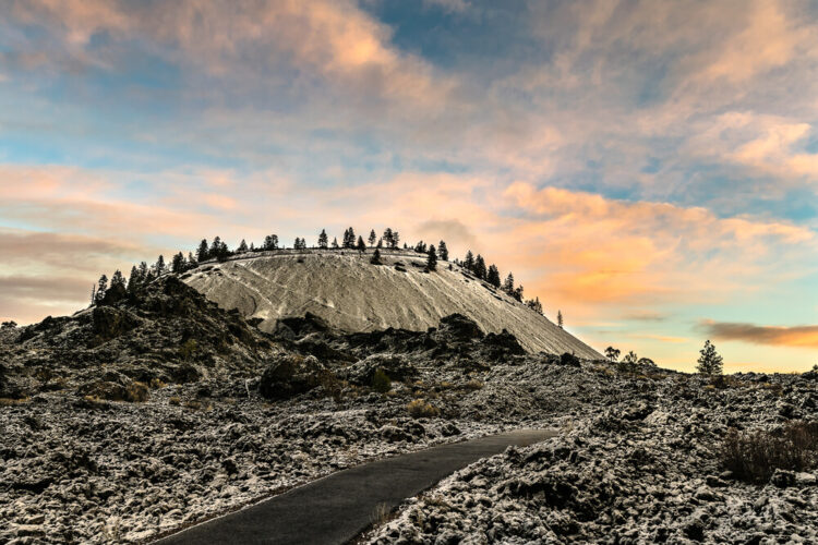 Early Winter Snow Lava Butte at Newberry National Volcanic Monument with a fresh dusting of early winter snow
