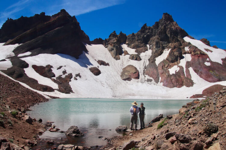 Two Bend hikers reach No Name Lake aka the "Bend Glacier" while hiking on a summer day