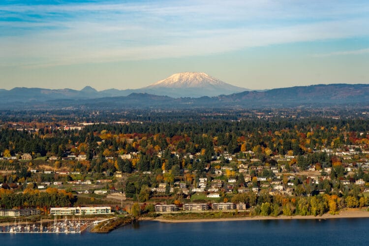 aerial view of vancouver washington in fall with mt st helens in distance, one of the best day trips from portland oregon