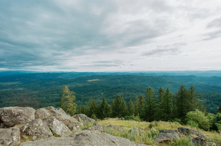 View from the summit of Spencer Butte, seeing tons of evergreen trees off in the distance as well as rocks and a cloudy horizon.