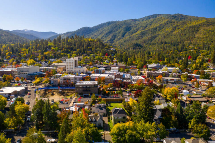 aerial view in fall over the town of ashland oregon