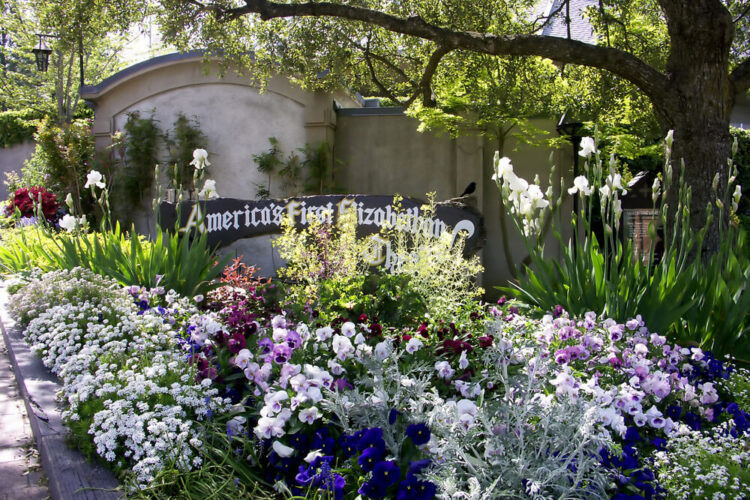 sign which reads 'americas first elizabethan theater' with purple and white flowers in front of it