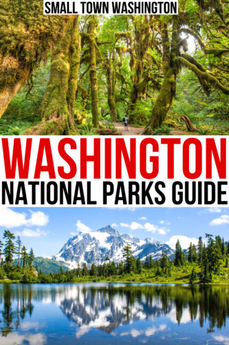 photo of hoh rain forest and one of north cascades np, black and red text on a white background reads "washington national parks guide"