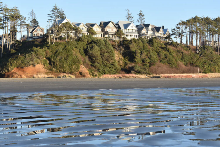 Beautiful houses with a view of the ocean on a small hill overlooking a beach at low tide.