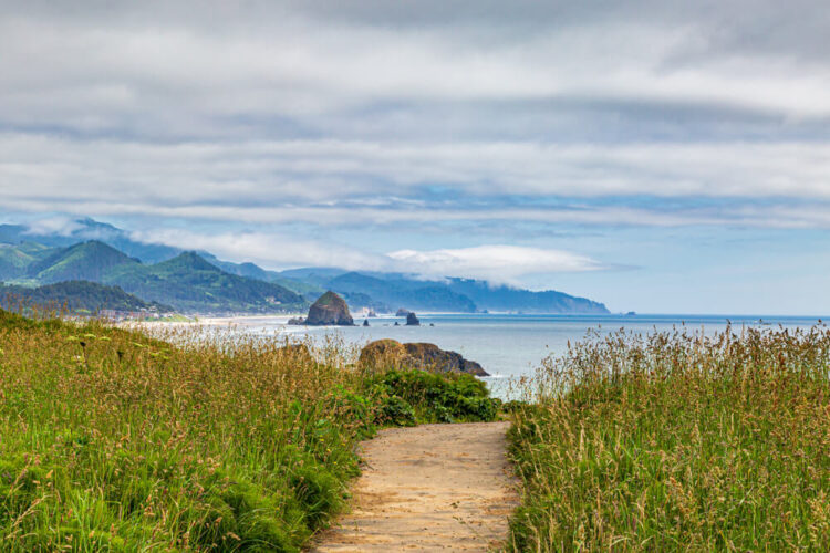 Looking along the Oregon coast towards Cannon Beach and Haystack Rock.