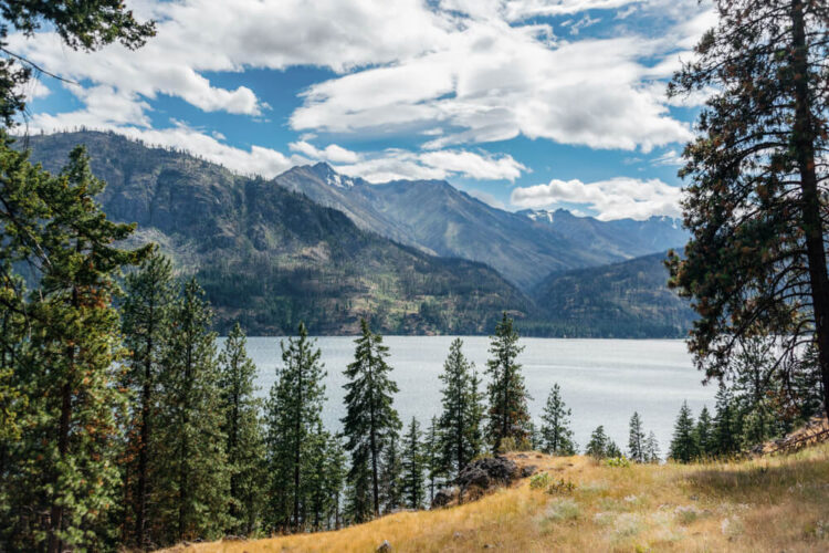 The waters of Lake Chelan surrounded by trees, on the Cascade Loop road trip in Washignton