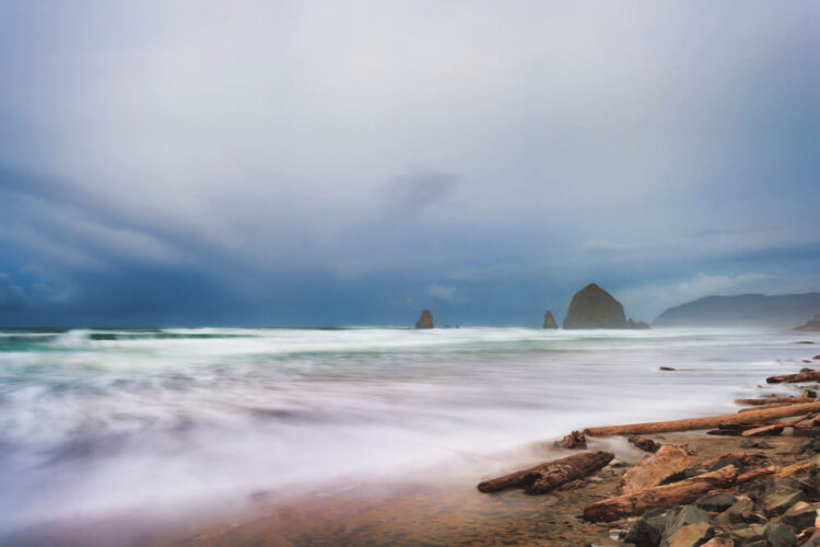 Long exposure photo of Cannon Beach during a winter storm