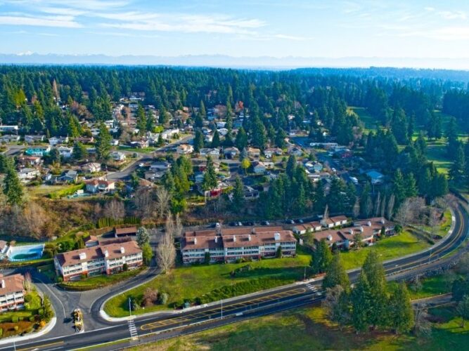 the small town of edmonds near seattle surrounding by trees as seen from above