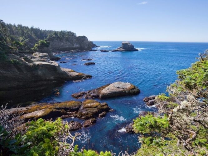 the coastal landscape of neah bay in washington state with rugged rocks, deep blue water and green flora