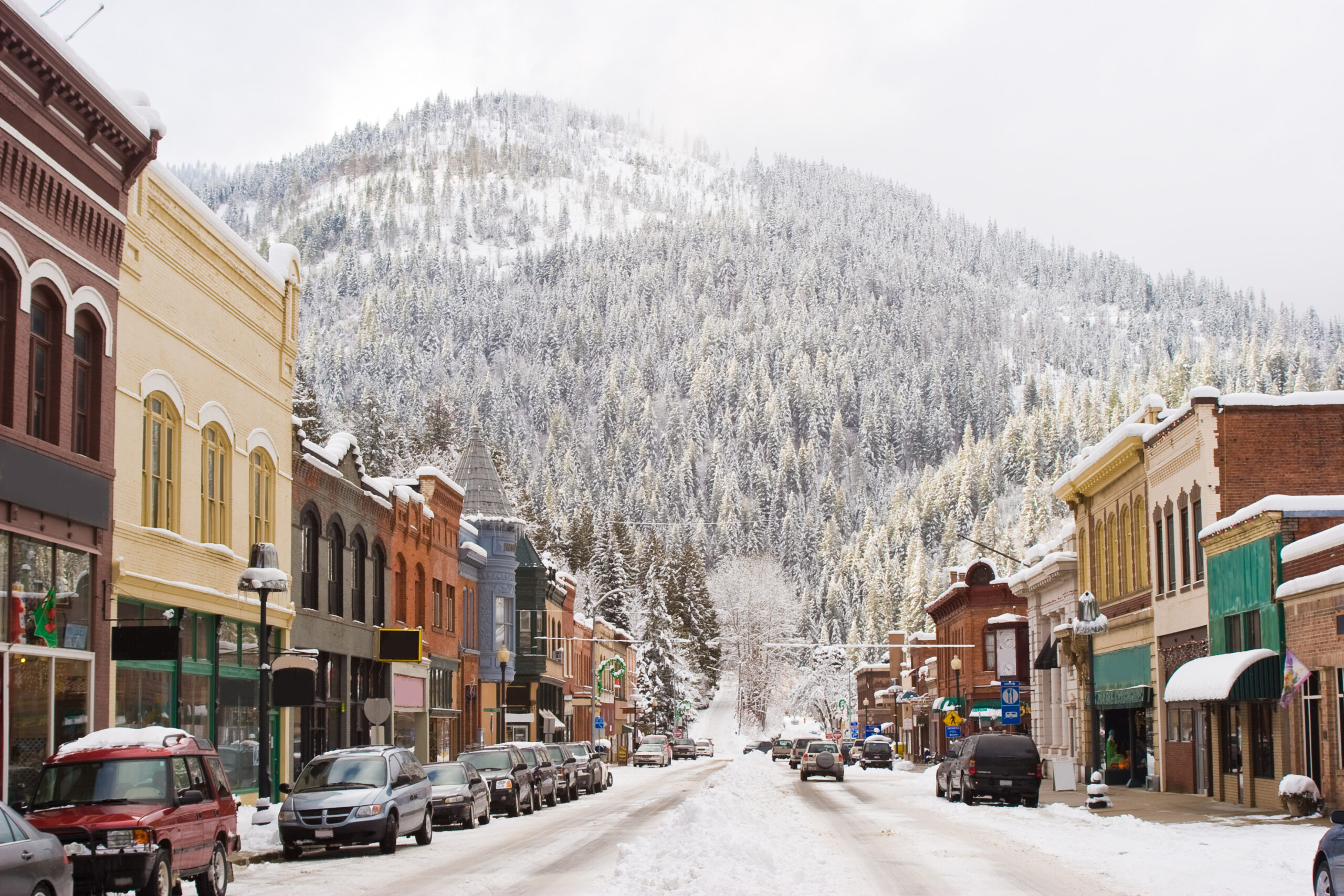 snowy street in historic downtown wallace, one of the best small towns in idaho