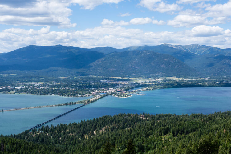 view of sandpoint idaho from above across lake pend orielle